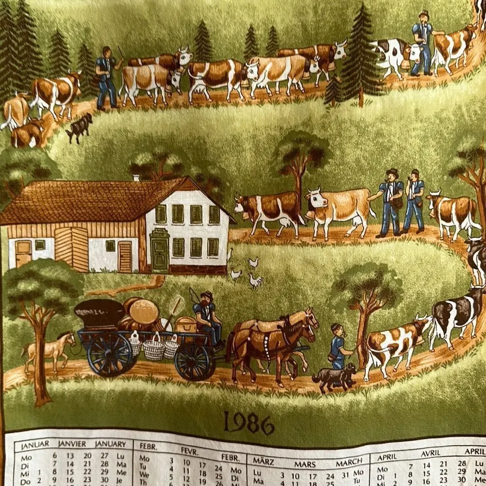 Vintage 1986 Fisby-Stoffels calendar tea towel with European scene of‎ cows